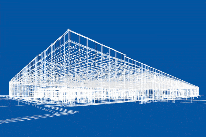 Animated 3D wireframe showing BIM technology for an industrial building design